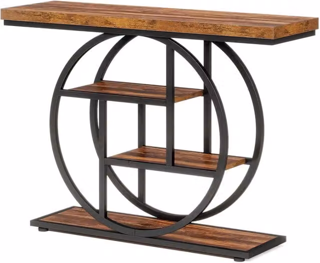 Tavolo Consolle Industriale a 4 Ripiani con Piano Rotondo e Struttura Metallica 105x30x80 cm