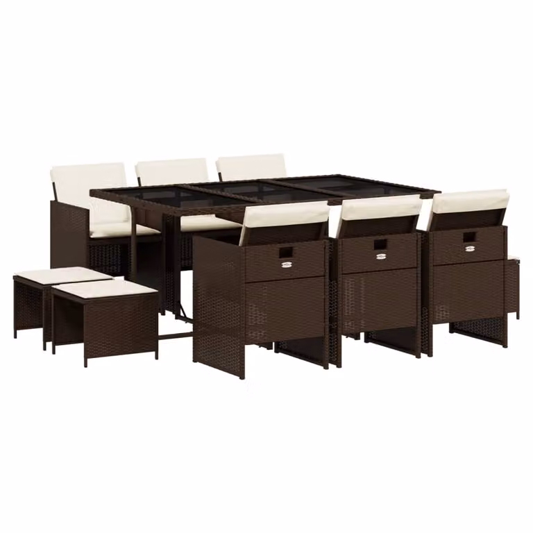Set da Pranzo da Giardino 11 pz con Cuscini Polyrattan Marrone