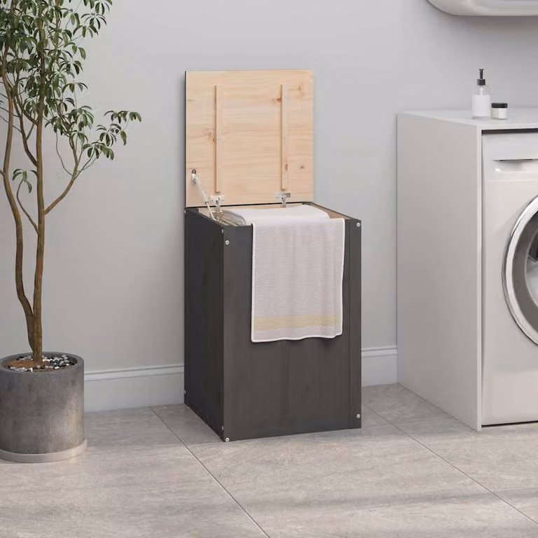 Contenitore per bucato con coperchio vidaXL in legno di pino massello, Grigio, L/P/H: 44 x 44 x 66 cm