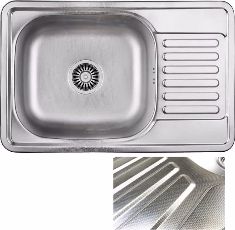 VBChome Lavello da incasso 66x42 Struttura in acciaio inox con finitura effetto tela Senza foro per rubinetto Lavello da cucina reversibile Superficie di appoggio Gocciolatoio Angolare Set di scarico da campeggio Sifone