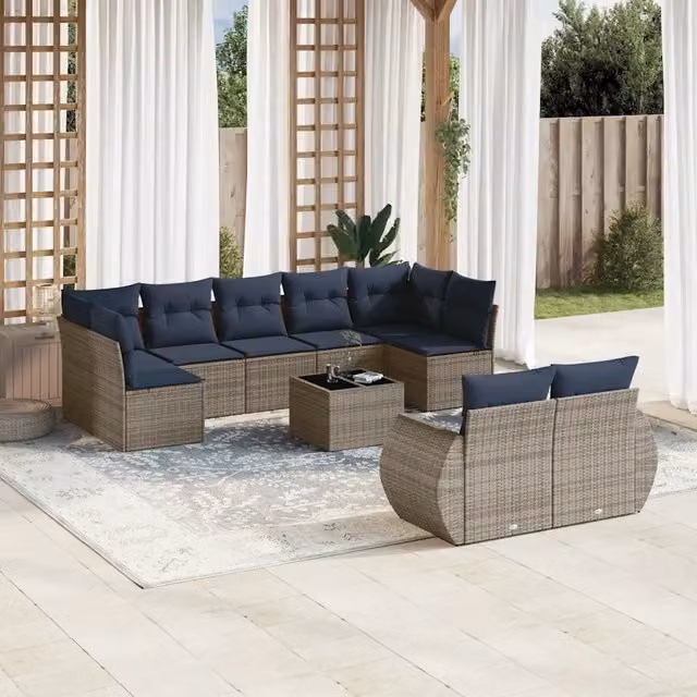 Set Divani da Giardino 10 pz con Cuscini Grigio in Polyrattan 3221830