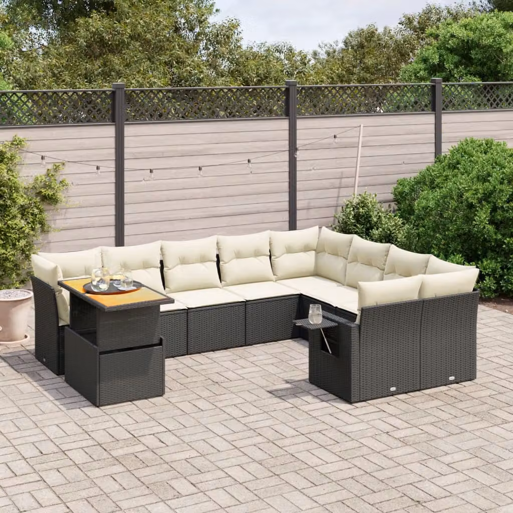 vidaXL Set Divani da Giardino 10 Pezzi in Polyrattan Nero con Cuscini e Tavolino da Esterno – 1