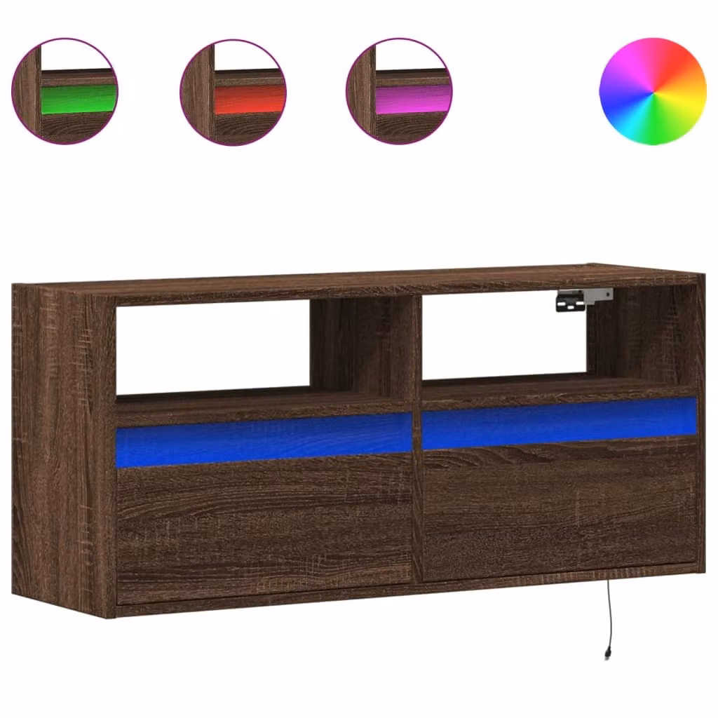 Mobile TV a Parete con Luci LED Rovere Marrone 100x31x45 cm