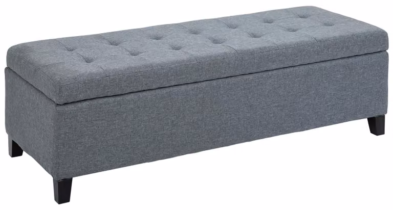Panca Moonbite da 125 cm con spazio contenitore, rivestimento in tessuto effetto lino con cuciture a bottone, coperchio con chiusura ammortizzata, quattro gambe in legno di eucalipto, poliestere, colore grigio