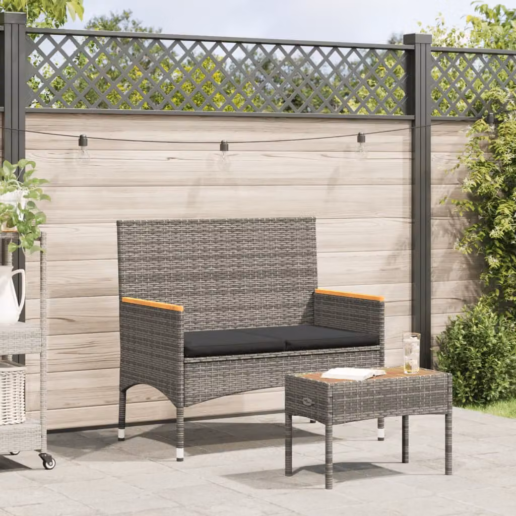 Set da giardino vidaXL con panca a 2 posti, tavolo e cuscini in rattan grigio e legno di acacia oliato