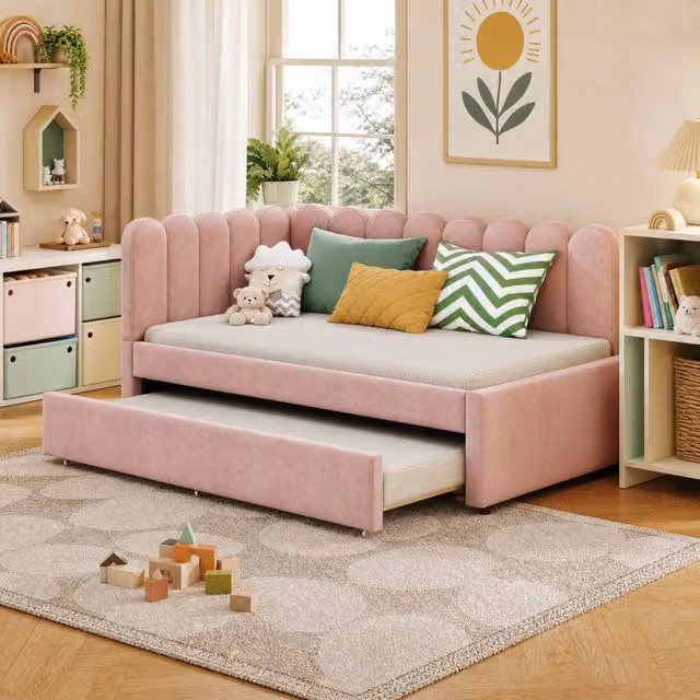 Divano letto Mivray moderno a L con letto estraibile, rivestito in velluto rosa, L/P/H: 140 x 200 cm