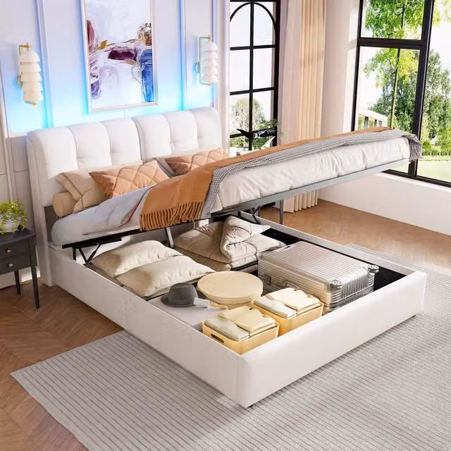 Letto imbottito da 140 x 200 cm;letto matrimoniale a LED;letto ad apertura idraulica con contenitore;letto matrimoniale imbottito;velluto beige