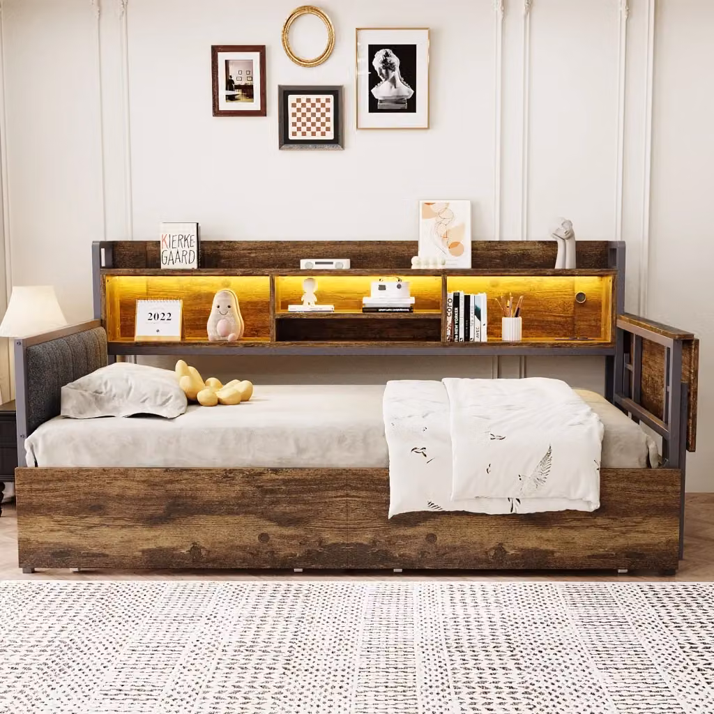 Letto divano singolo OKWISH con LED, 2 cassetti, presa USB e scrivania, colore marrone, L/P: 200 x 90 cm – 2