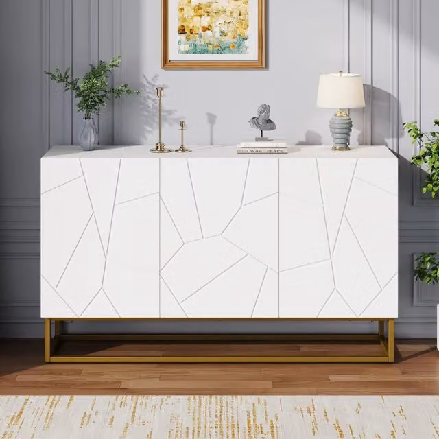 Credenza moderna WISHDOR bianca lucida con dettagli dorati e finitura a righe, L: 130 cm