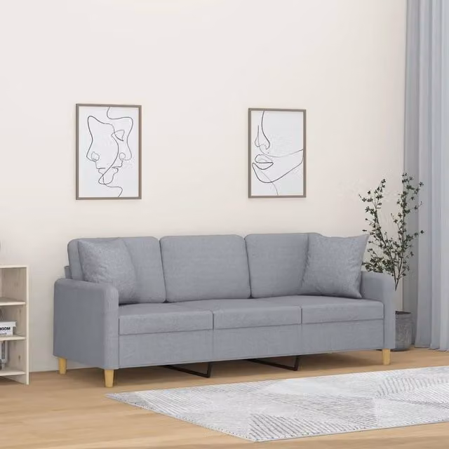 Divano a 3 posti moderno vidaXL in tessuto grigio con cuscini e struttura in metallo L: 198 cm, P: 80 cm, H: 77 cm