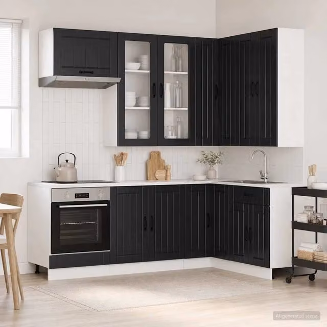 Unità Cucina Moderna vidaXL 8 Pezzi Nero con Ante in Vetro e Ripiani Aperti in MDF – 1