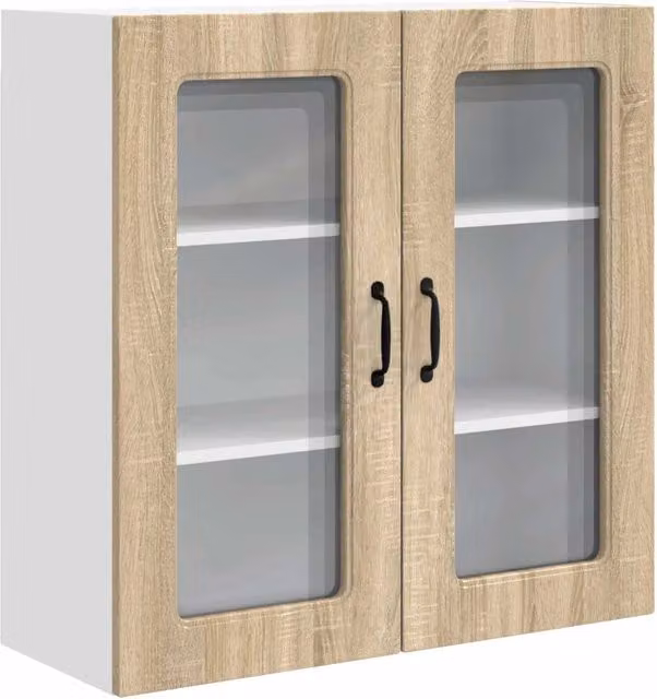Mobile a muro moderno con ante in vetro e ripiani interni in finitura legno marrone e rovere, L: 80 cm, P: 31 cm, H: 80 cm