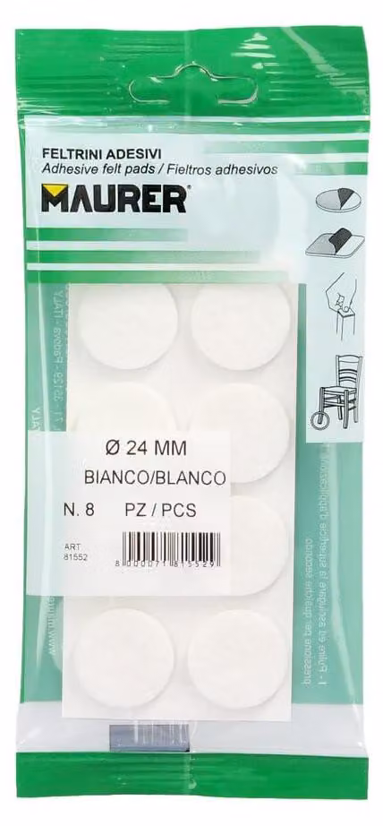 Feltro adesivo - 24 mm di superficie, confezione da 8 pezzi su blister, colore bianco, ideale per