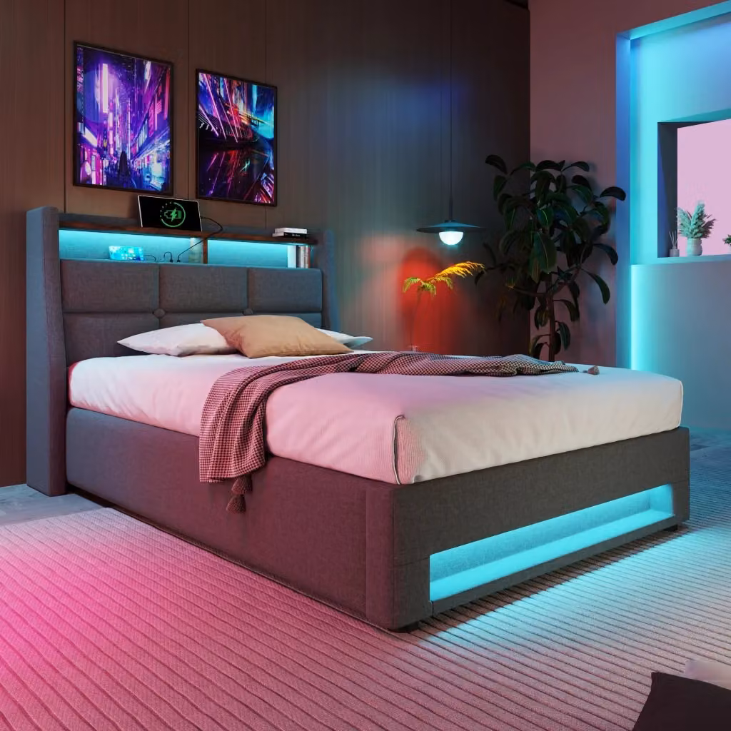 Letto contenitore singolo con materasso incluso in lino grigio con porta USB, illuminazione LED e rete sollevabile, dimensioni 90 x 200 cm – 2
