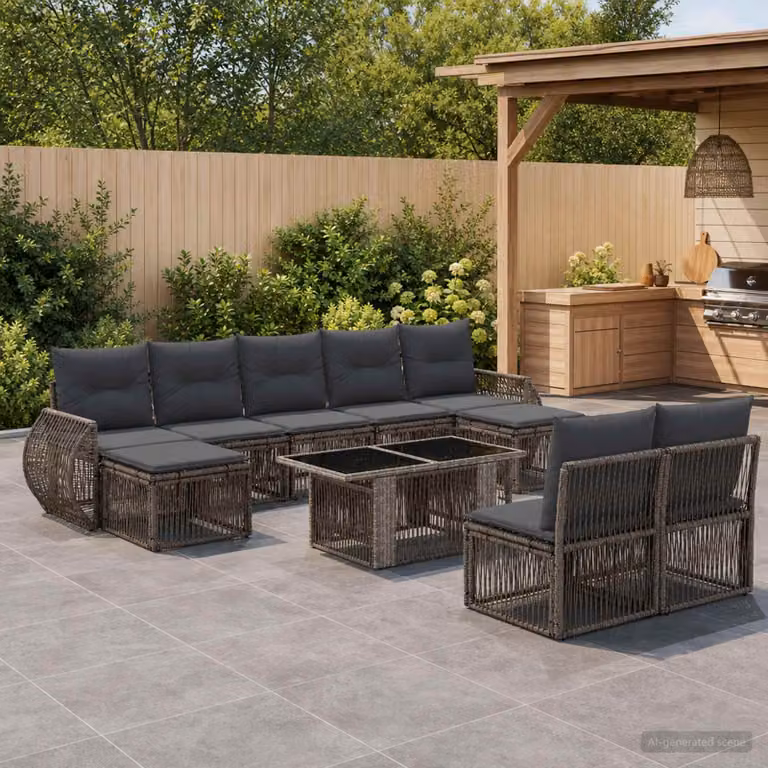 Set Divano da Giardino vidaXL 10 Pezzi a Forma di U in Polyrattan Grigio e Antracite con Cuscini e Tavolino da Caffè