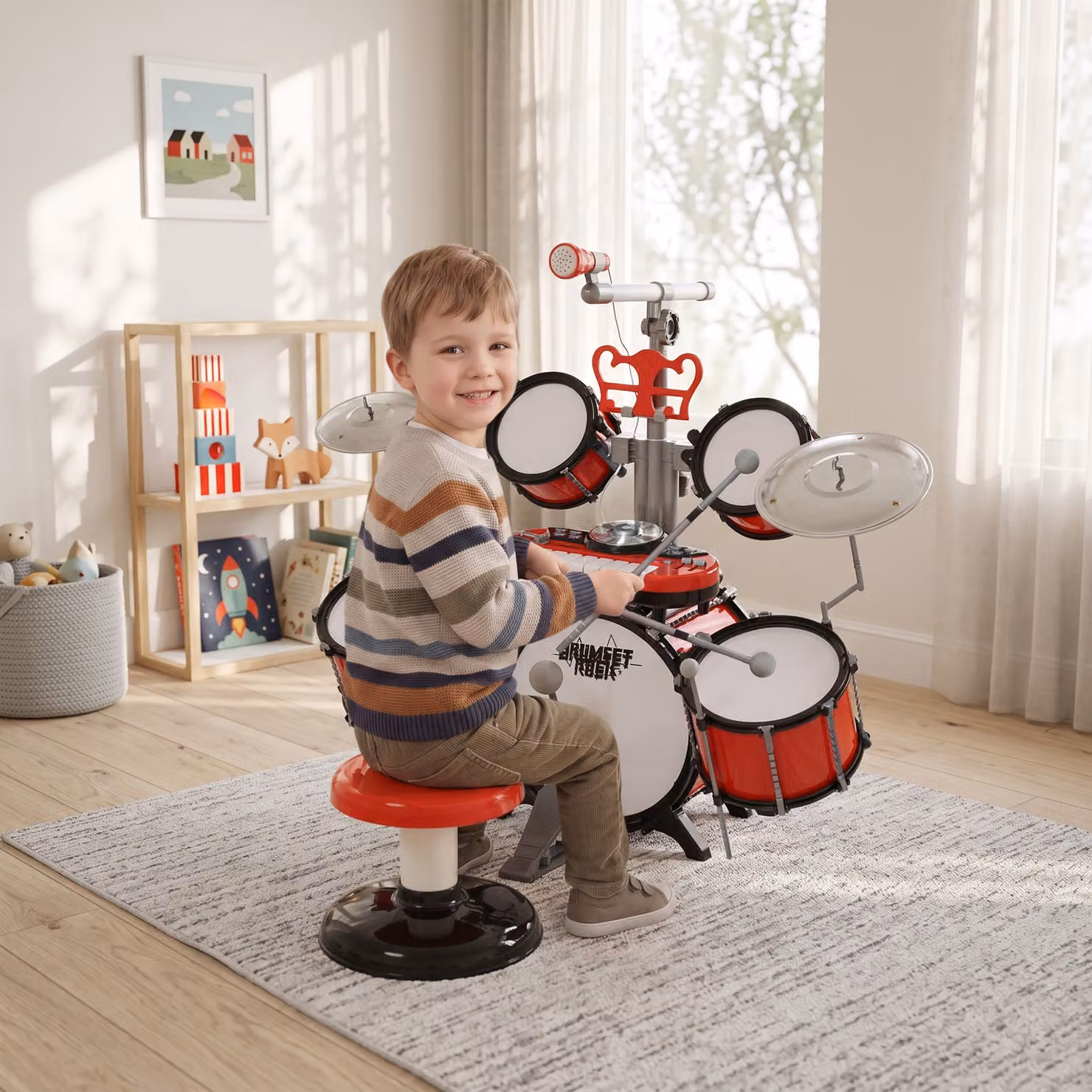Batteria Giocattolo per Bambini HOMCOM con Microfono ed Effetti Sonori, Colore Rosso, L/P/H: 45 x 25 x 140 cm – 2