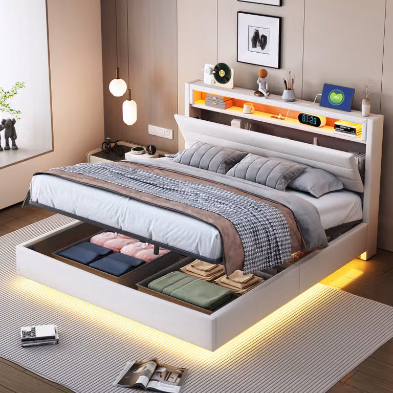 Letto imbottito per ragazzi okwish 140x200 cm con contenitore, struttura letto matrimoniale idraulica con presa USB e luce a LED, testiera reversibile, tessuto in lino, beige, con materasso