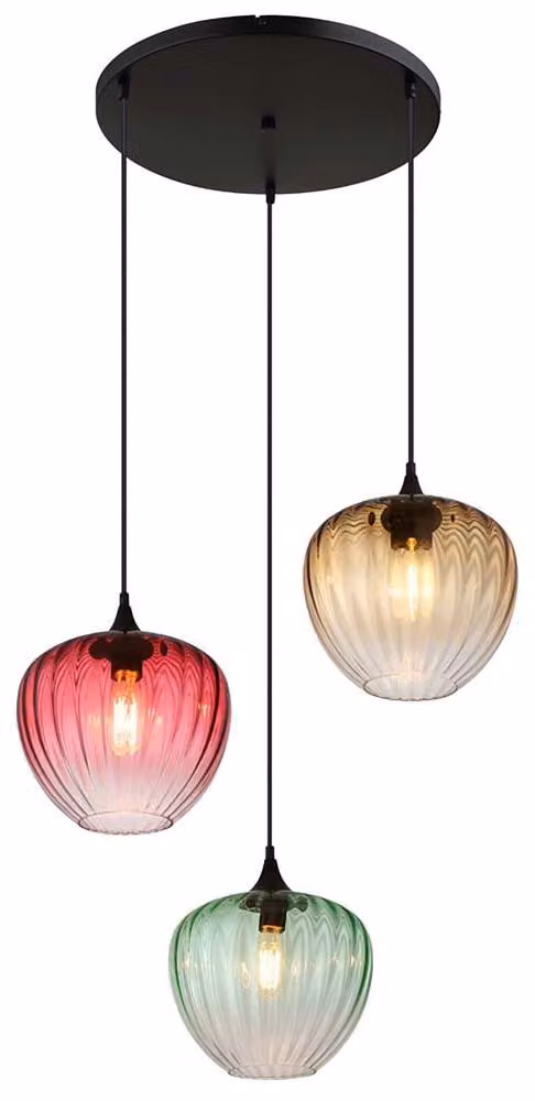 Lampada a sospensione, metallo, vetro rosso/verde/ambra, a 3 luci, H 150 cm