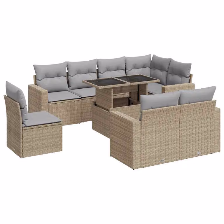 Set Divano da Giardino 9 pz con Cuscini Beige in Polyrattan