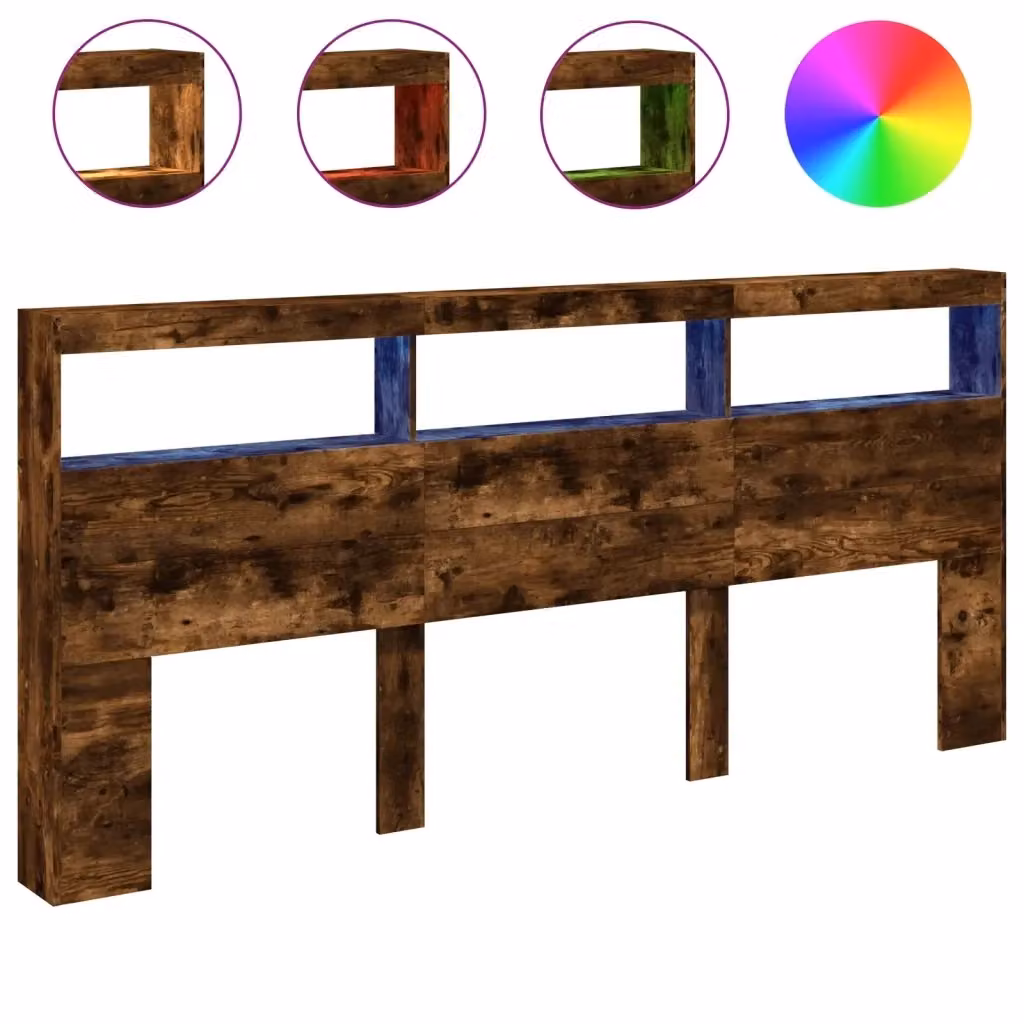 Testiera con Contenitore vidaXL in Rovere Fumo con Illuminazione LED e Porte USB, L: 220 cm, P: 17 cm, H: 102 cm – 2