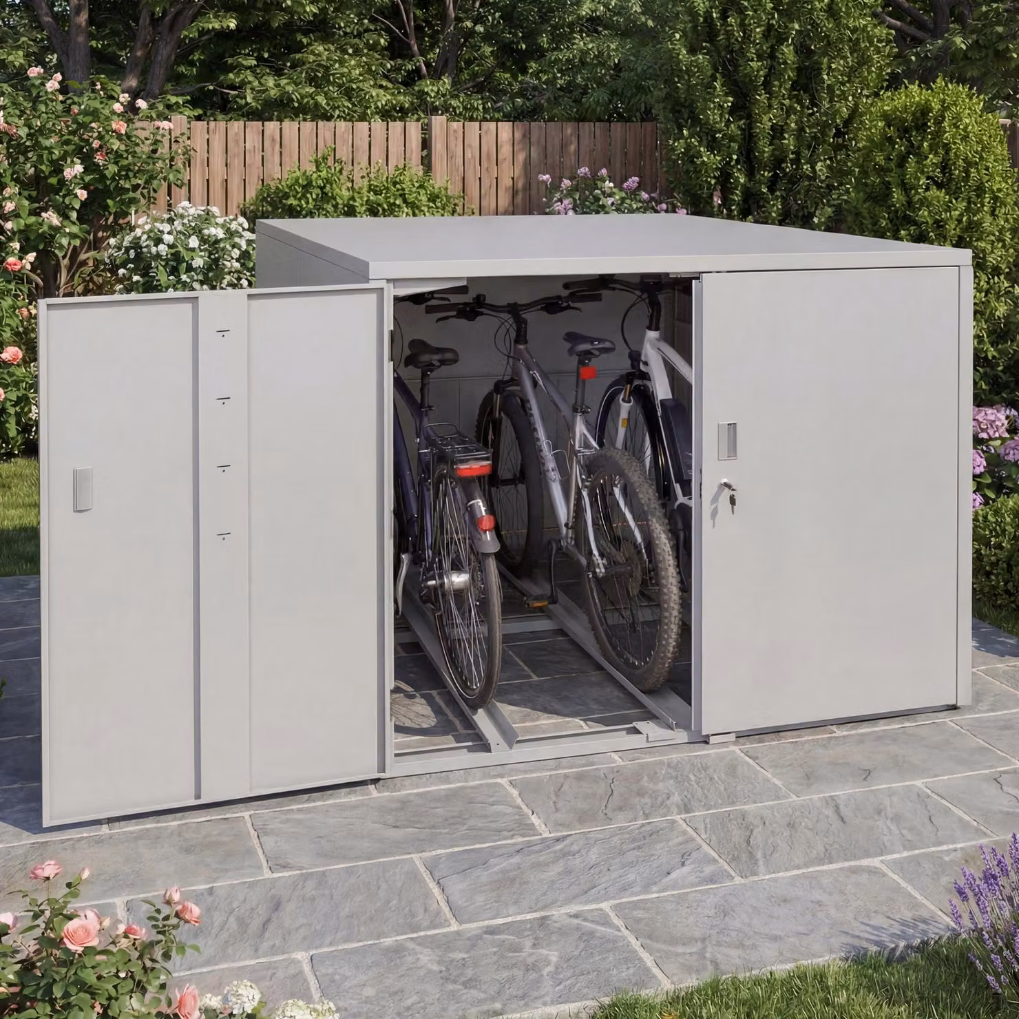 Garage per 3 biciclette HWC-P93, riparo per biciclette Box per biciclette Bikebox, chiudibile a chiave in acciaio zincato 124x148x208 cm ~ grigio chiaro
