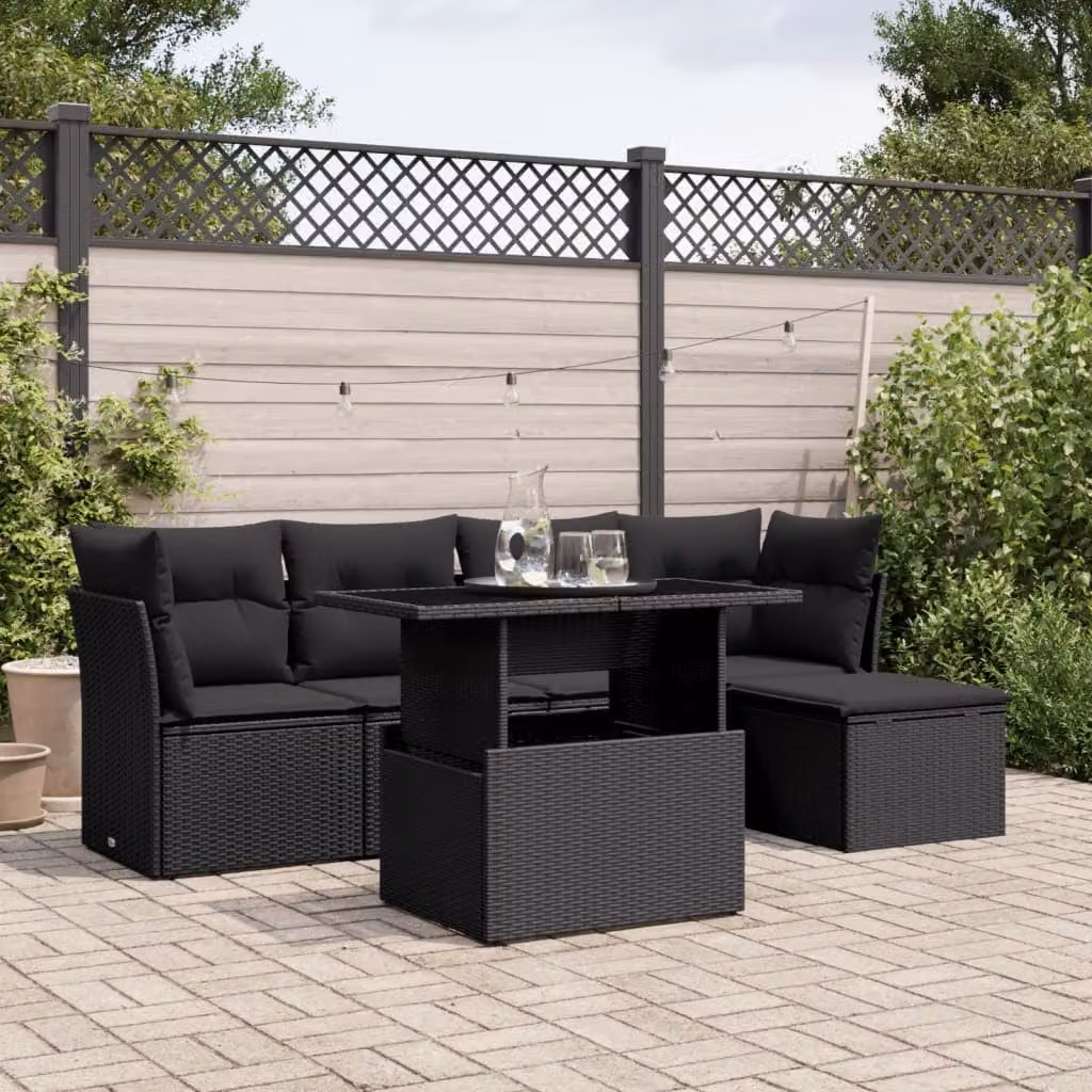 Set Divano da Giardino vidaXL 6 pz a Forma a L con Cuscini Nero e Tavolino in Vetro – 1