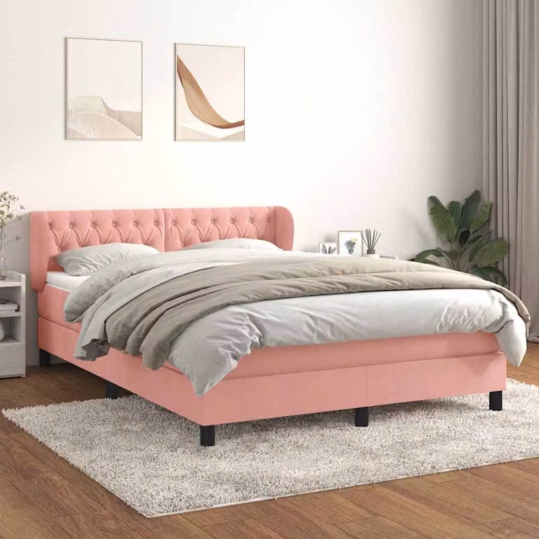 vidaXL Giroletto a Molle con Materasso Ibrido in Velluto Rosa e Bianco L/P/H: 140 x 200 x 88 cm