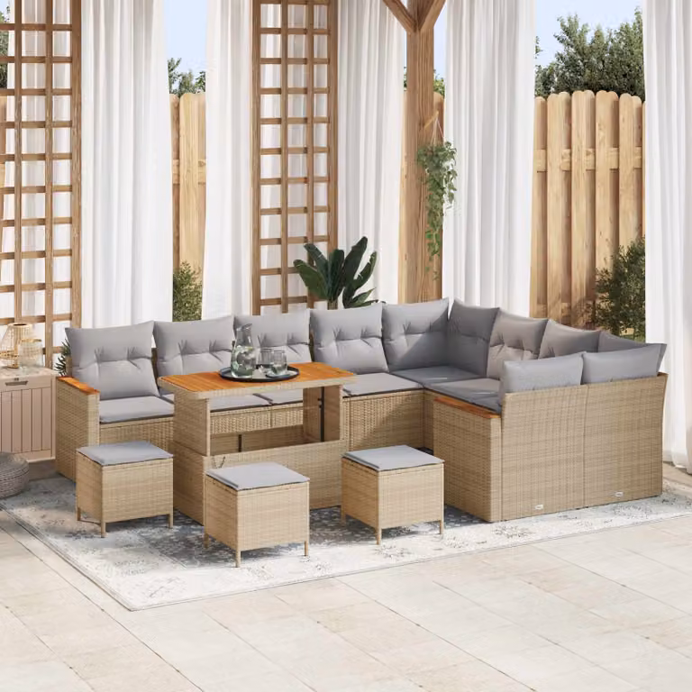 Set Divano da Giardino vidaXL 13 pz in Polyrattan Beige con Cuscini e Tavolino