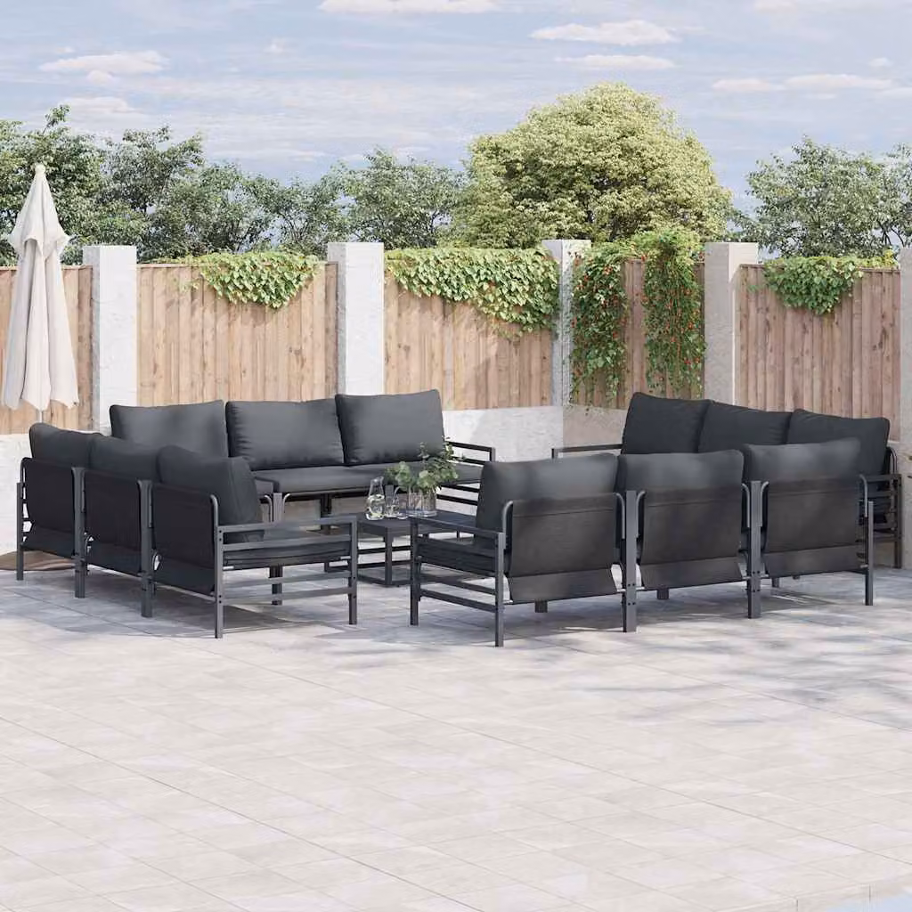 Set Divano da Giardino vidaXL 13 Pezzi in Acciaio Verniciato Nero con Cuscini – 1