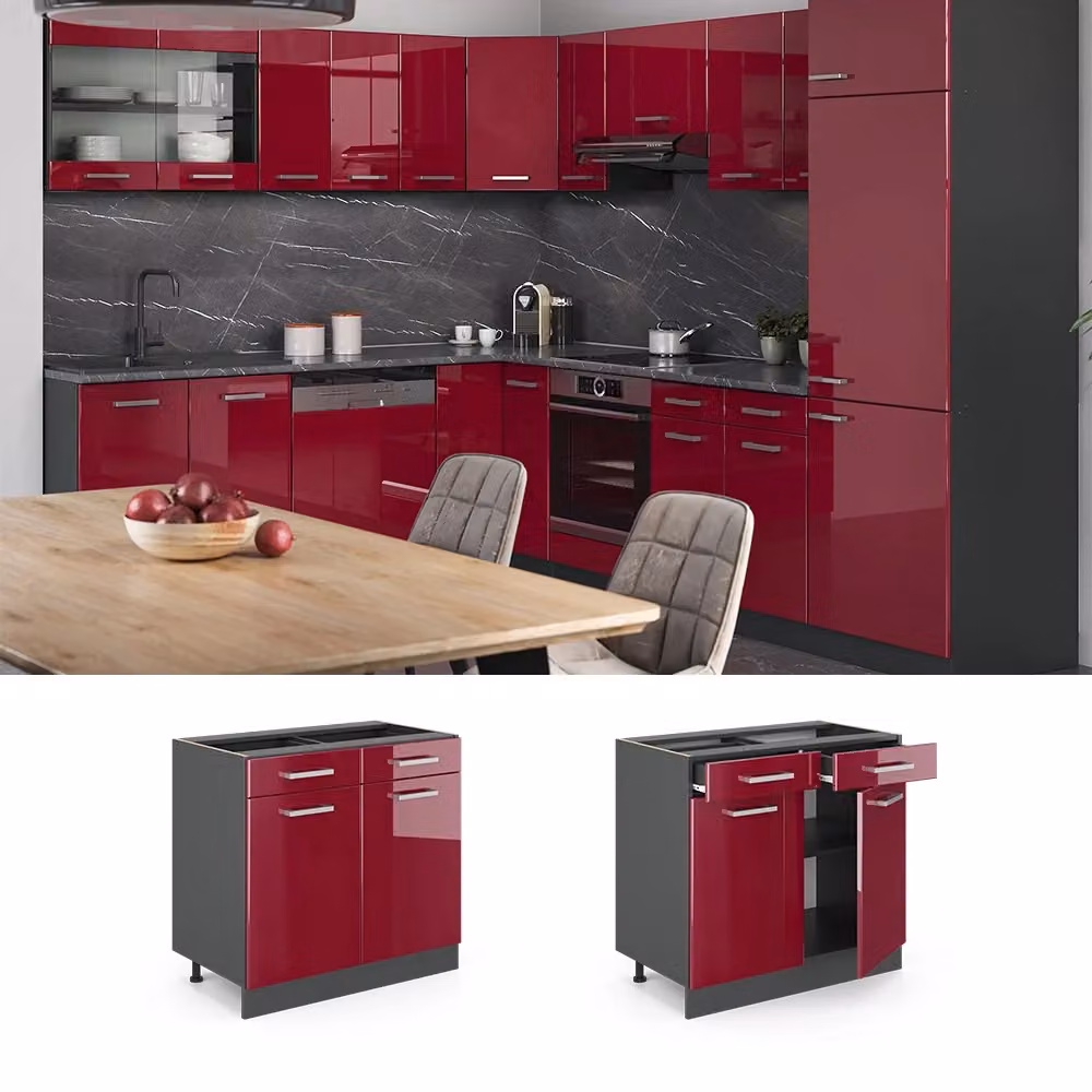 Mobiletto base per cucina Vicco R-Line Rosso lucido e Antracite con ante e cassetti senza piano di lavoro – 2