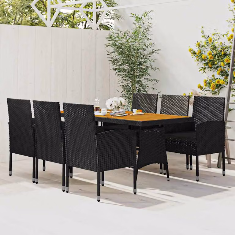 Set da pranzo per esterni vidaXL in 7 pezzi in polyrattan nero con tavolo in legno di acacia