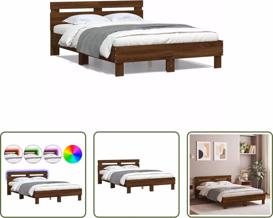 The Living Store Struttura letto con testiera Illuminazione a LED Aspetto rovere marrone