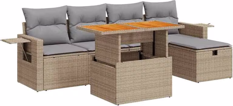 Set Divano da Giardino 6 pz con Cuscini Beige Polyrattan Acacia