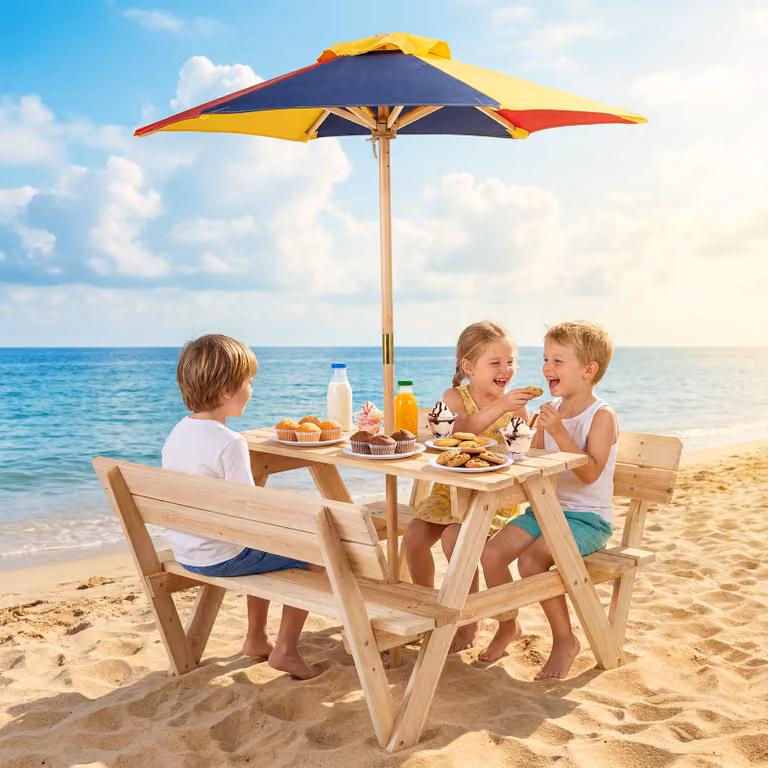 Set tavolo da picnic per bambini Costway in legno di abete con ombrellone regolabile in altezza e panche multicolore per giardino o cameretta