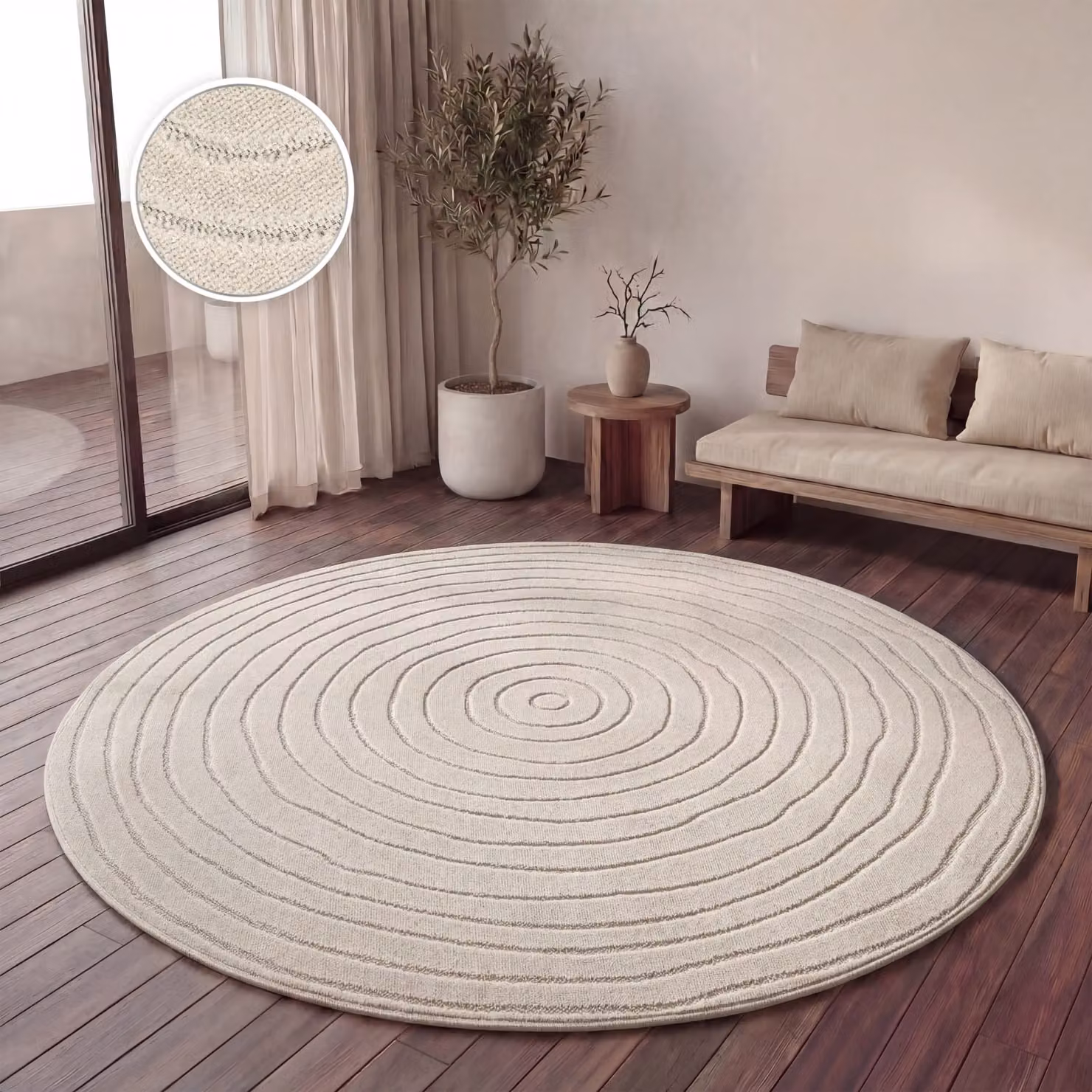 Tappeto rotondo Cotara beige per interni ed esterni, Diametro: 120 cm – 2