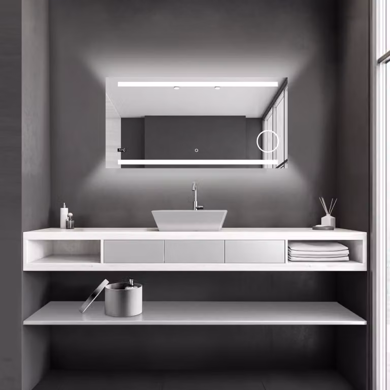 Specchio da bagno a LED, 120x60 cm, 4200K, con specchio per il trucco e orologio