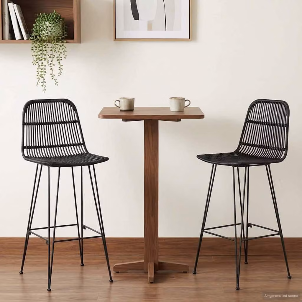 Set di 2 sgabelli da bar vidaXL in rattan e acciaio nero per cucina e sala da pranzo, H 109 x L 44 x P 55 cm