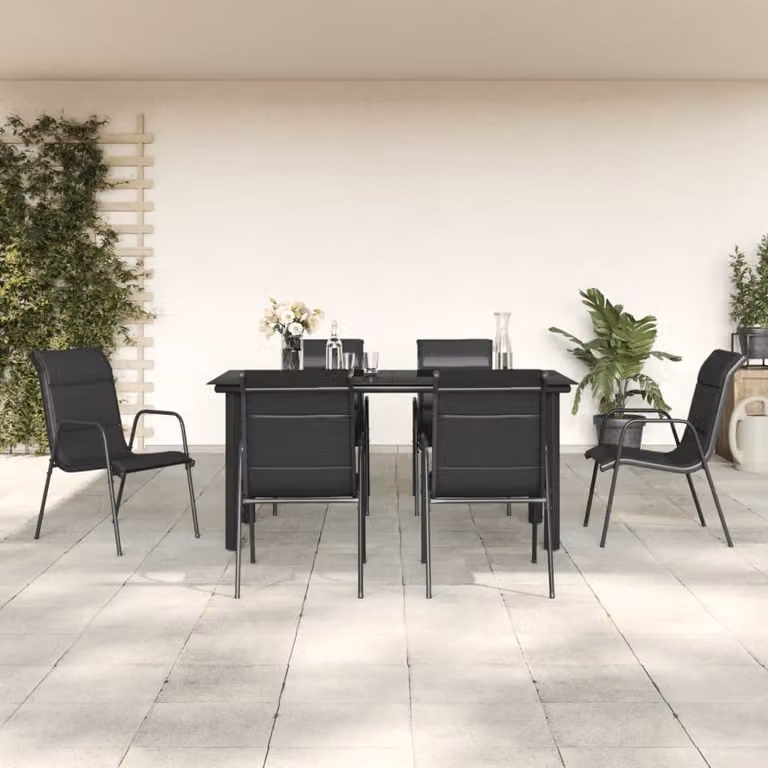 Set da pranzo da giardino vidaXL in 7 pezzi con tavolo rettangolare in vetro e sedie in acciaio verniciato nero e antracite