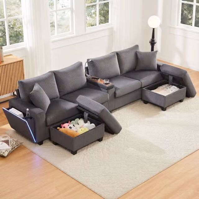 Divano panoramico a U MIVRAY in velluto a coste grigio con 2 pouf contenitore, illuminazione LED, porta bicchieri e ricarica USB Type-C, L: 334 cm, P: 81 cm, H: 128,5 cm