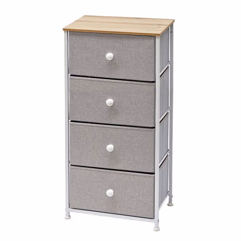 VESTIAMO CASA Mobiletto Multiuso Linea Woodhandy con 4 Cassetti in Legno Naturale e TNT Grigio H 95 cm x L 45 cm x P 30 cm