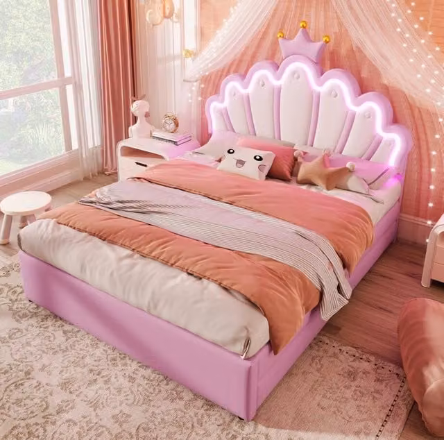 Letto imbottito 140x200 cm; testiera regolabile e 2 cassetti; PU rosa (Senza materasso)