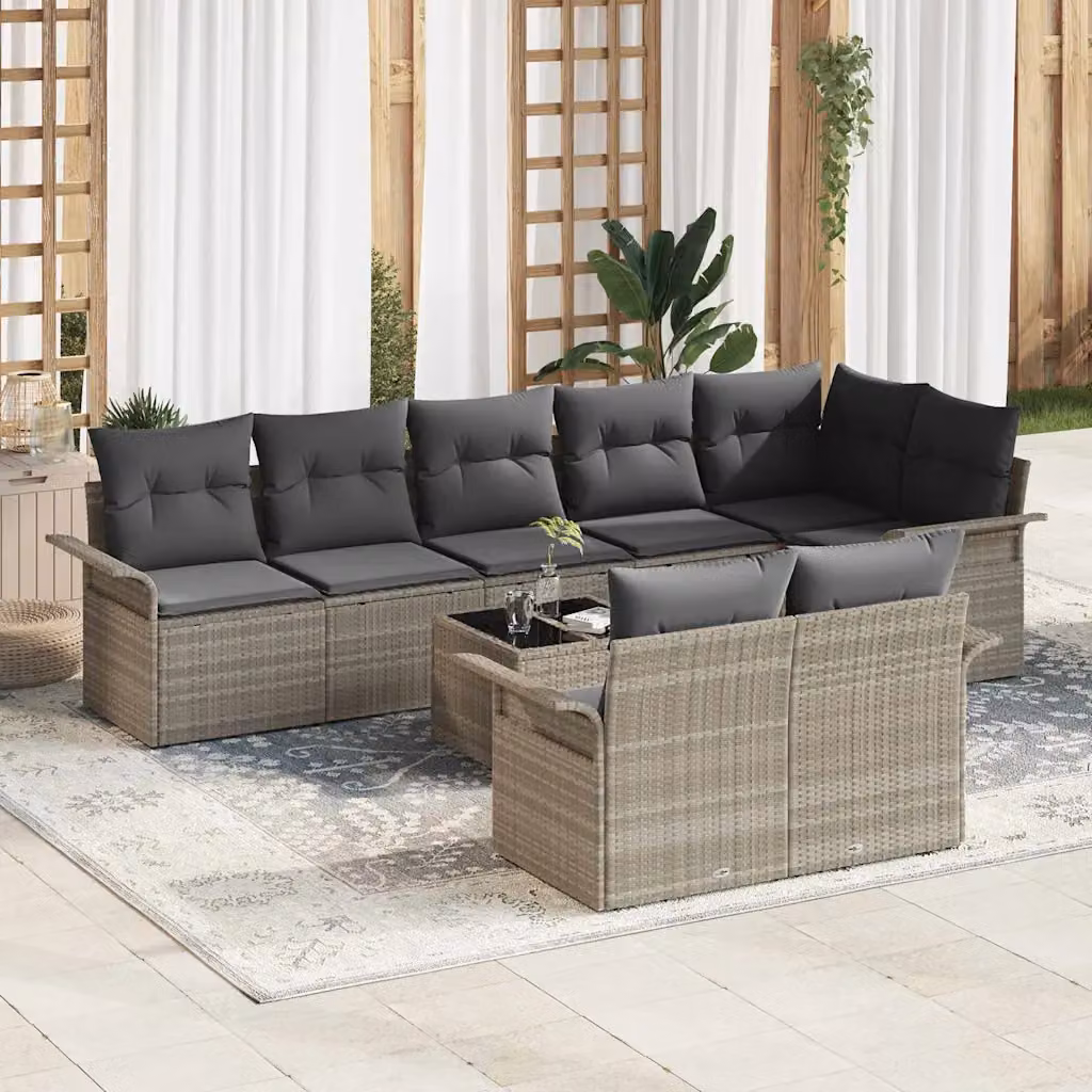 Set Divano da Giardino vidaXL 9 pz a forma di U in Polyrattan Grigio con Cuscini e Tavolino – 1