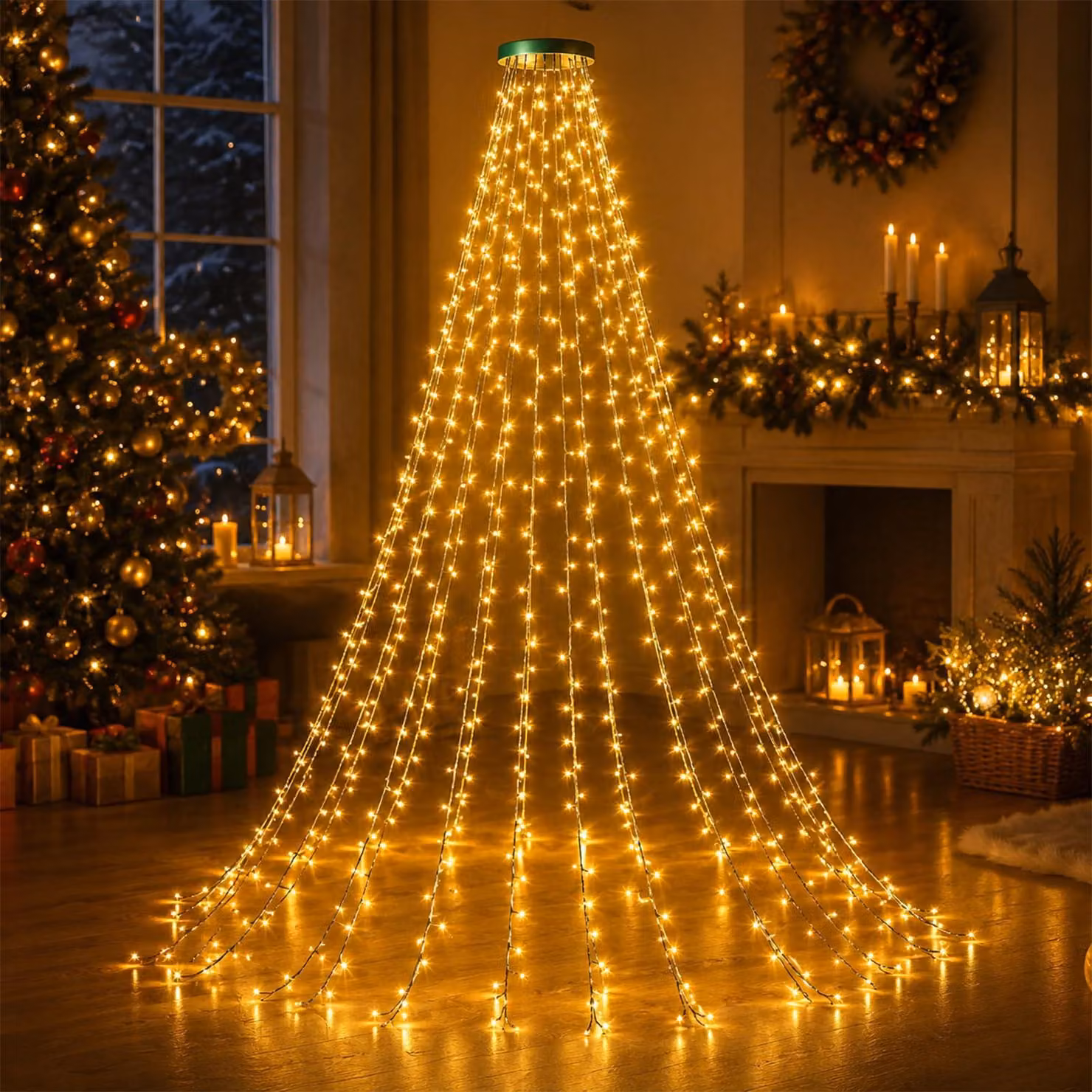 Catena luminosa da 1,5 metri, 200 LED, luce bianca calda, alimentazione USB, con telecomando