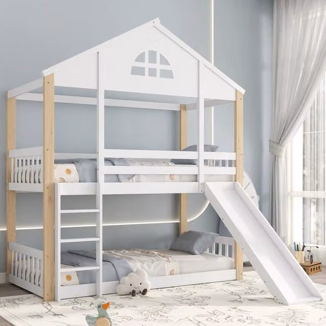 Letto a castello per bambini REDOM con struttura a casetta, scivolo e scala a 3 gradini, Bianco e Beige, L/P/H: 200 x 90 x 44 cm