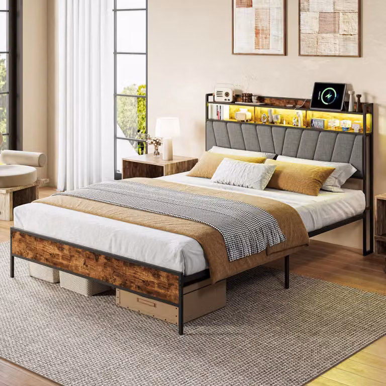 Letto matrimoniale UnboxG 160x200 cm con struttura in metallo, testiera con spazio contenitore, illuminazione LED, porta USB e rete a doghe