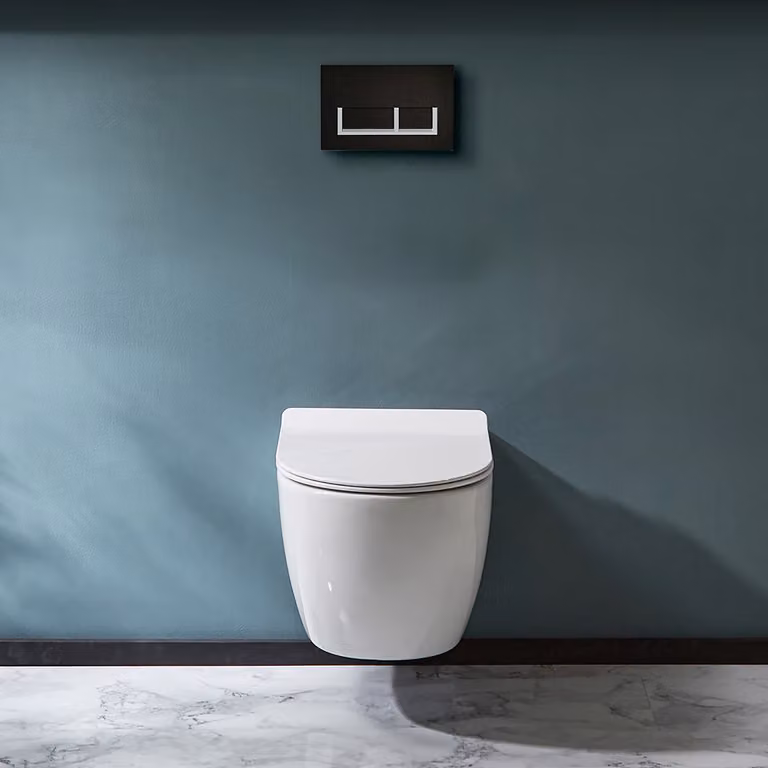 Sanitario WC Sospeso Senza Brida con Telaio Alto - Placca di Comando Rettangolare Bianca/Cromata - Otterton