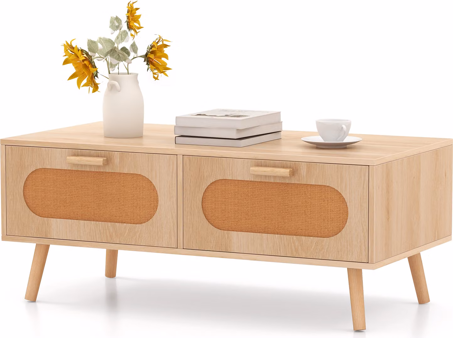 Tavolino in rattan COSTWAY, tavolino moderno di metà secolo con 2 cassetti e scomparto posteriore, tavolino rettangolare 100 x 50 x 41 cm, naturale