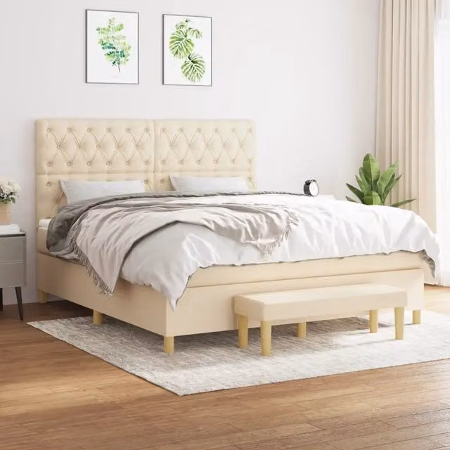 Letto Ibrido vidaXL con Giroletto a Molle e Materasso in Tessuto Beige e Bianco L/P/H: 160 x 200 x 128 cm