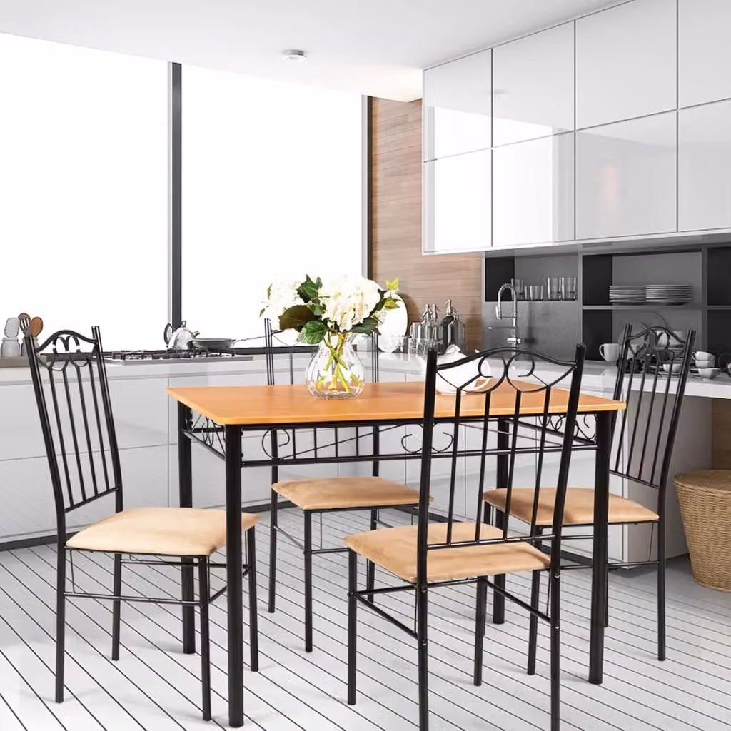 Set da Pranzo Costway da 5 Pezzi con Tavolo Rettangolare e 4 Sedie, Struttura in Metallo e Top in MDF Laminato, Colore Nero e Marrone, L: 107 cm – 2