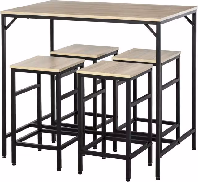 Set Bar Giordanoshop con Tavolino Rettangolare e 4 Sgabelli in Metallo e Legno Rovere Chiaro, Colore Nero e Beige